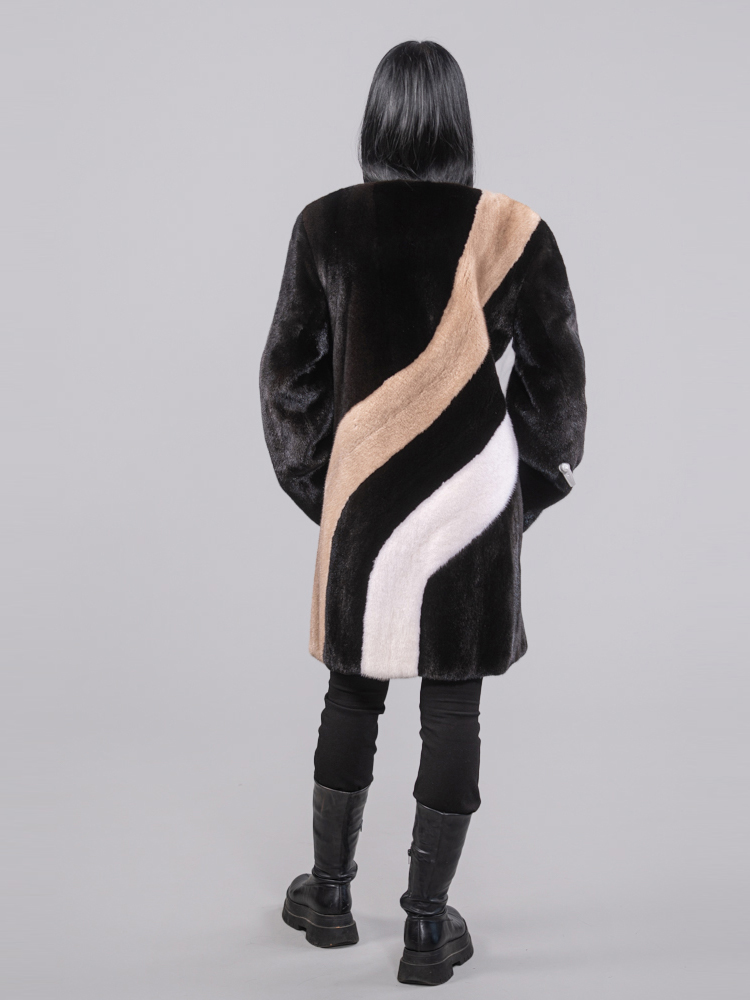 Burgundy collarless real mink fur coat. Modern women fur coat in a Channel  line. Knee length full skin mink fur coat - PAPEL FURS