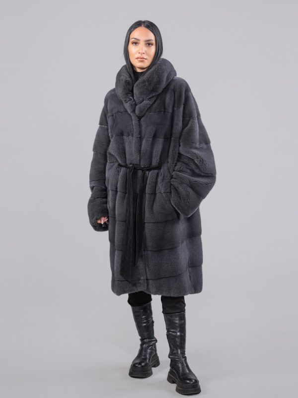 Blue Gray Horizontal Layers Mink Fur Coat With Puffer Collar