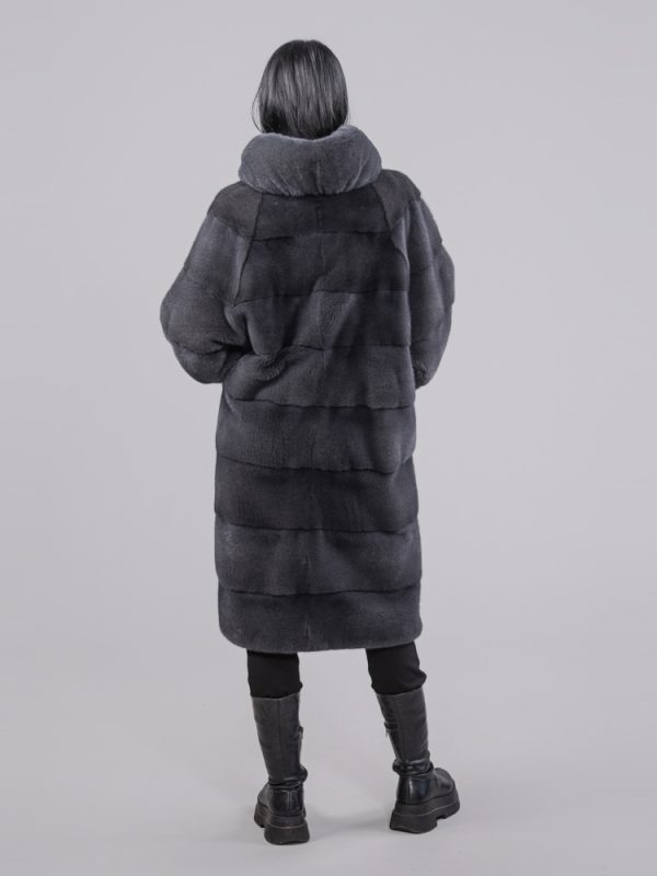 Blue Gray Horizontal Layers Mink Fur Coat With Puffer Collar
