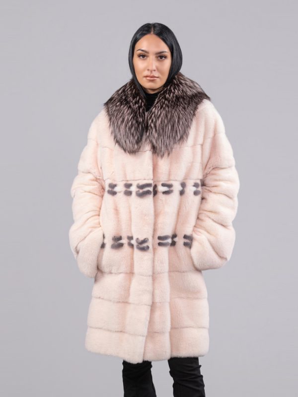 Horizontal Design Pale Rose Mink Fur Jacket With Fox Collar