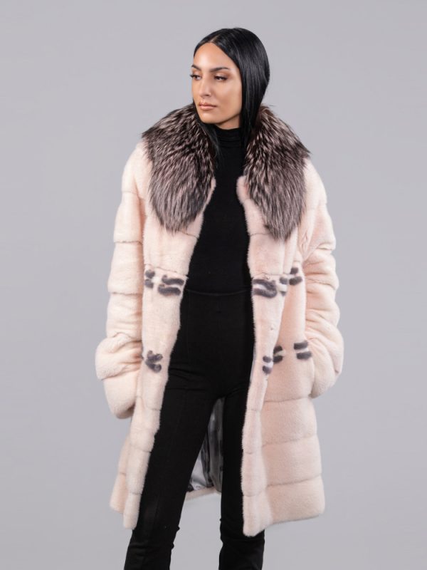 Horizontal Design Pale Rose Mink Fur Jacket With Fox Collar