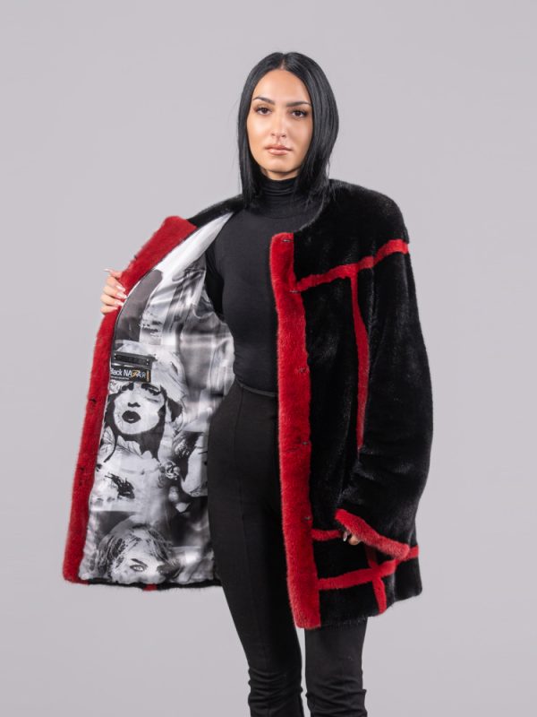 Black & Red Mink Fur Jacket With Fur Scarf