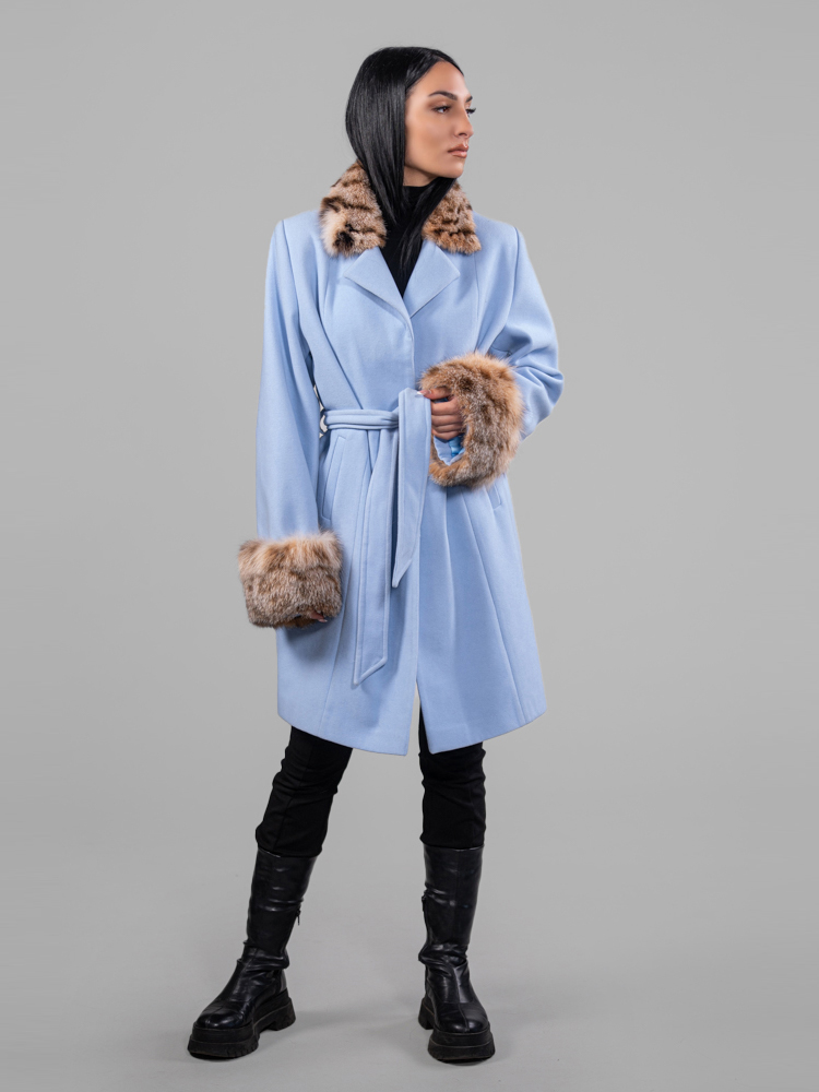 Blue Sky Cashmere Wool Coat With Fur Trim Collar And Cuffs