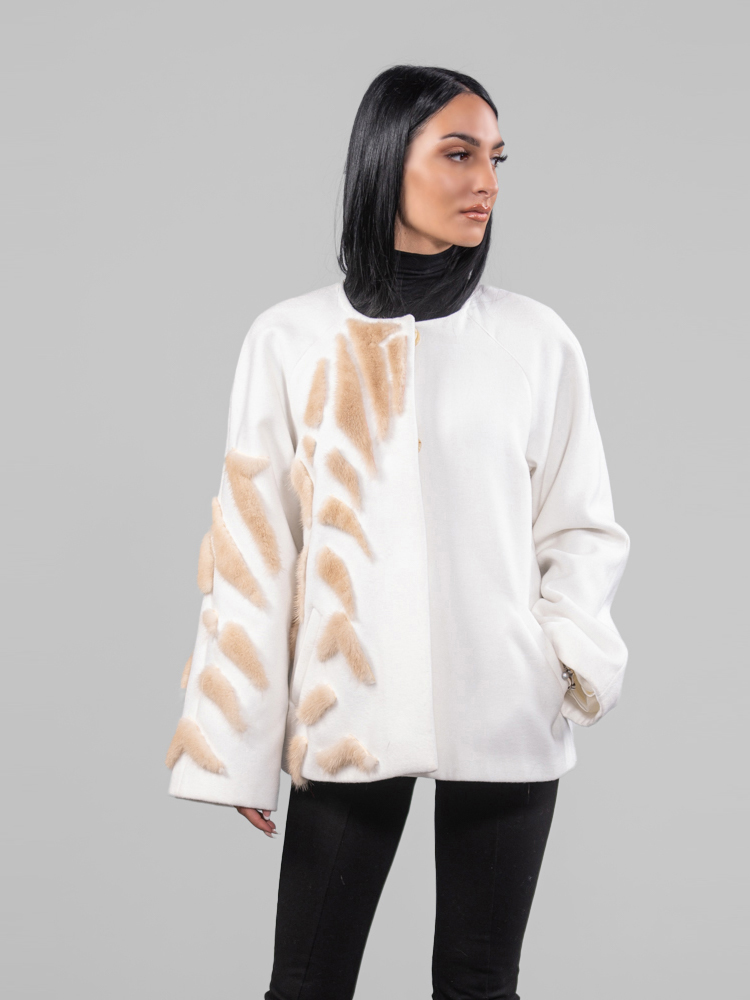 Ivory Cashmere Wool Coat With Mink Fur Strokes
