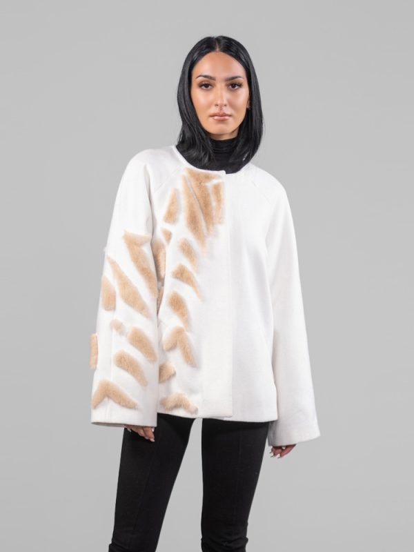 Ivory Cashmere Wool Coat With Mink Fur Strokes