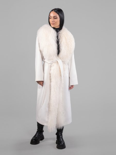 Ivory Cashmere Wool Tuxedo Coat With Moggolia Fur
