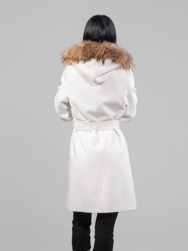 Ivory Cashmere Wool Coat With Fur Trim Raccoon Hood And Cuffs