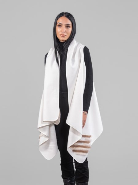 Ivory Cashmere Wool Poncho With Mink Fur Strokes