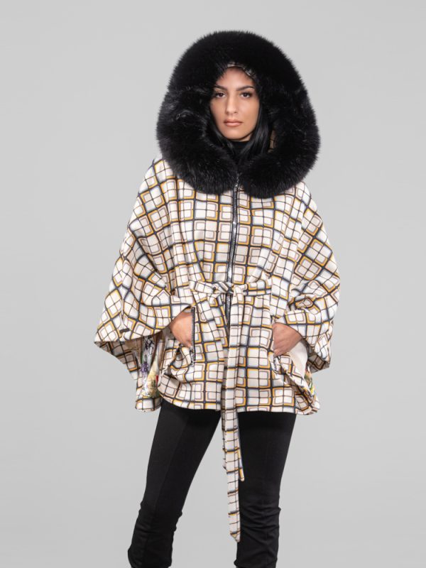 Grid Multicolor Cashmere Wool Cape With Fox Trim Hood