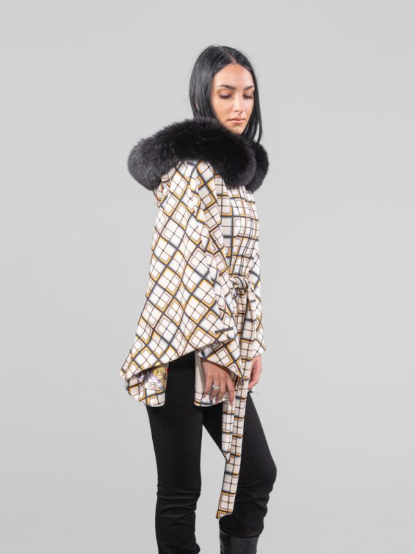 Grid Multicolor Cashmere Wool Cape With Fox Trim Hood