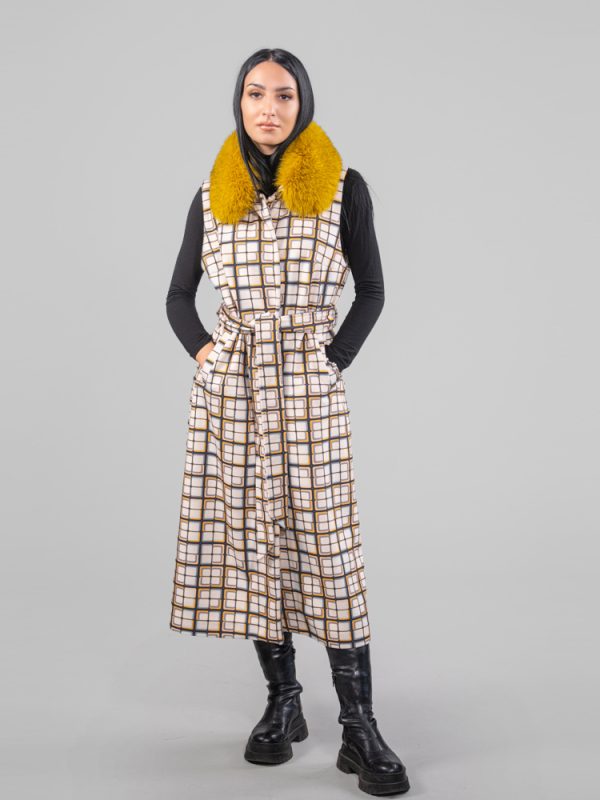 Multicolor Grid Cashmere Wool Coat With Fox Collar