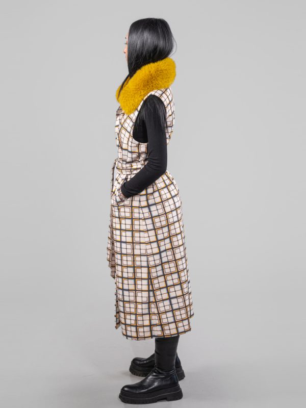 Multicolor Grid Cashmere Wool Coat With Fox Collar