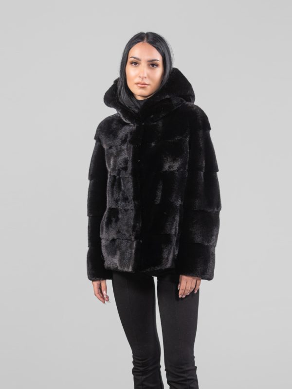 Hooded Horizontal Black Mink Fur Jacket