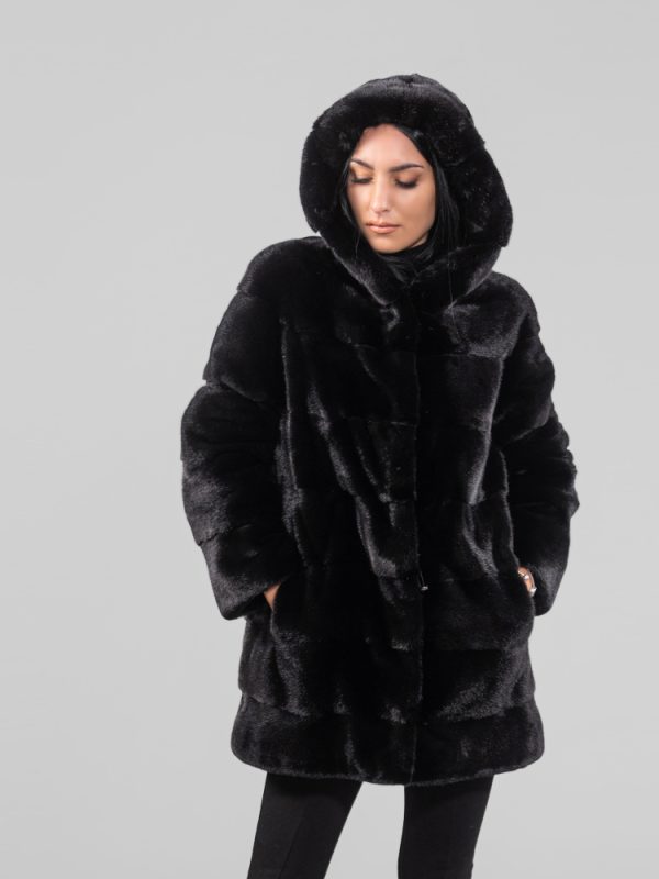 Hooded Black Velvet Mink Fur Jacket