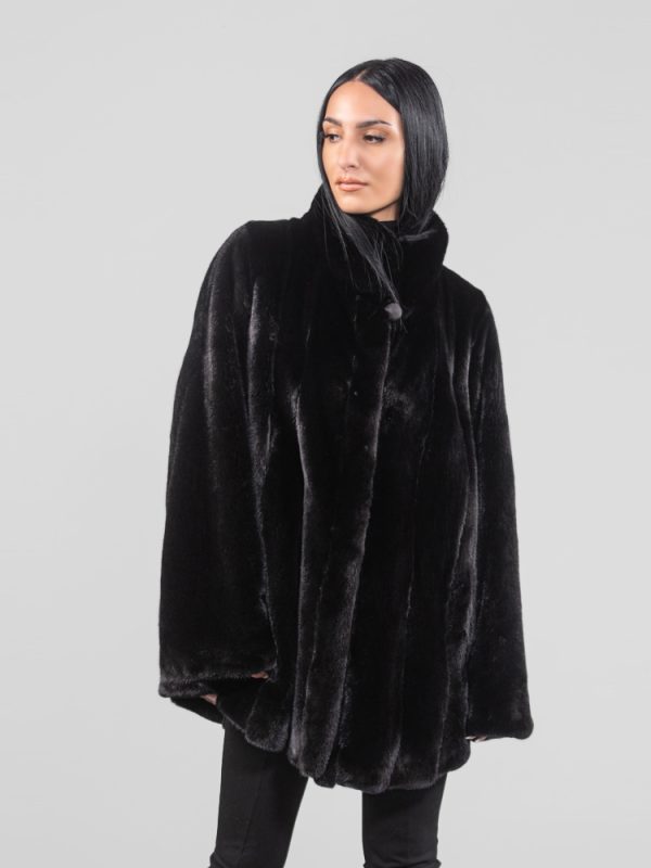 Black Mink Fur Jacket With Wide Sleeve