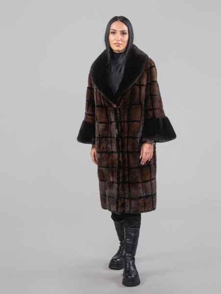 Brown & Black Squares Mink Fur Coat With Shawl Collar