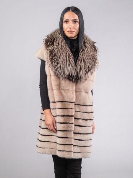 Desert Sand Mink Fur Vest With Fox Notched Collar