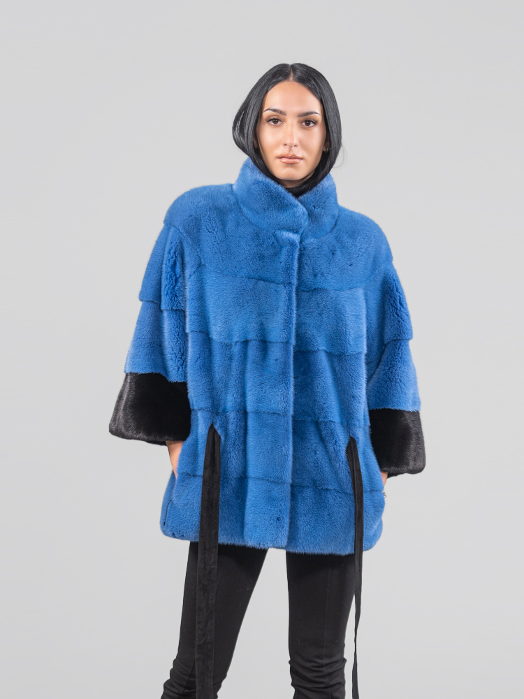 Blue Black Horizontal Mink Fur Jacket