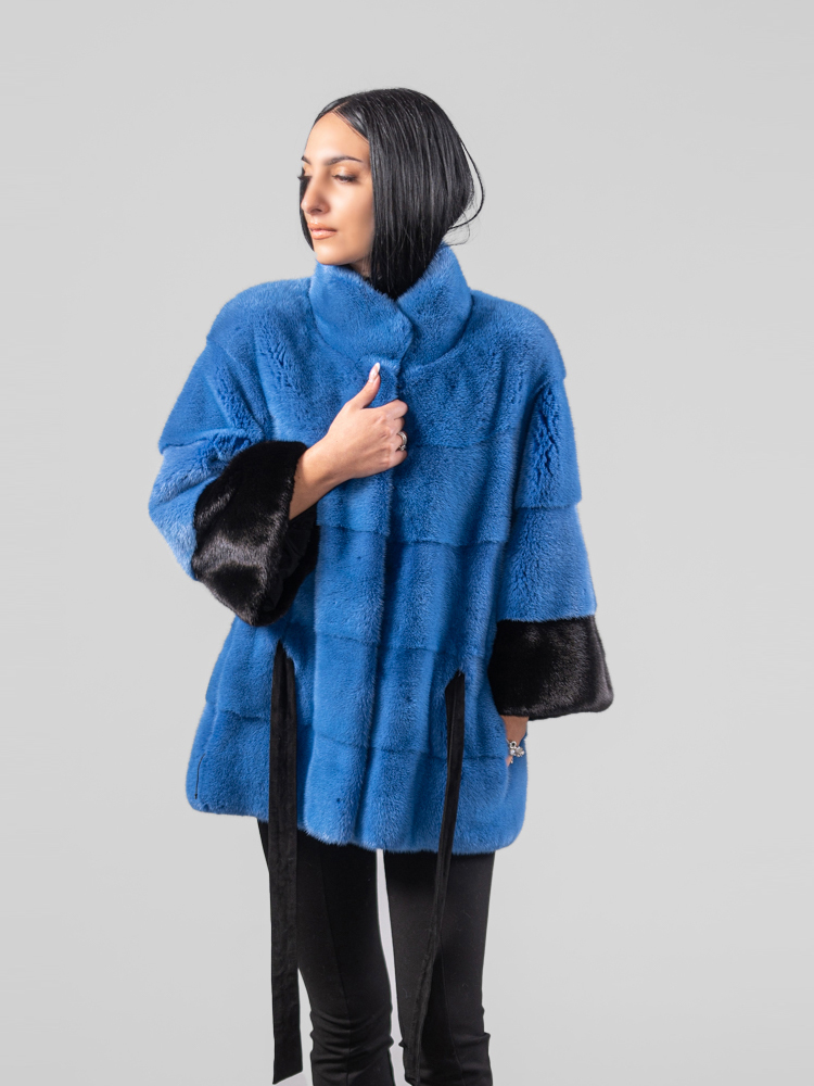Blue Black Horizontal Mink Fur Jacket