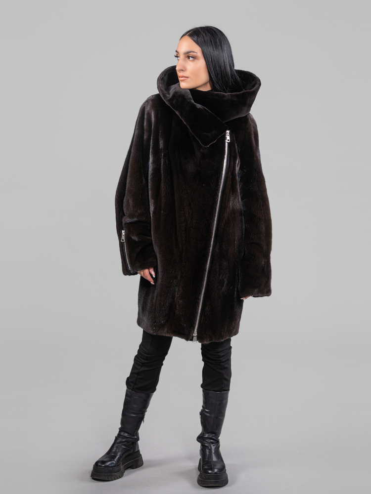Black Mink Fur Jacket With Sheared Hood