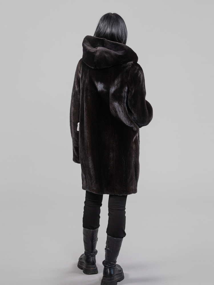Black Mink Fur Jacket With Sheared Hood