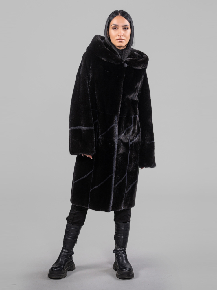 Black And Gray Mink Fur Jacket With Hood