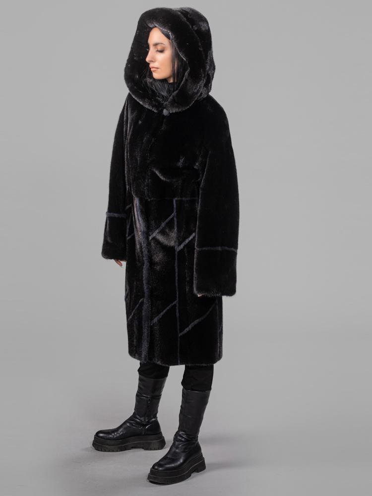Black And Gray Mink Fur Jacket With Hood