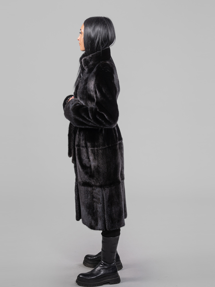 Black Mink Fur Coat With Fur Belt