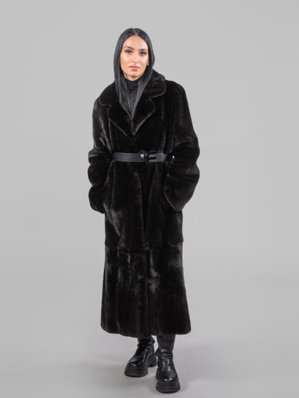Black Velvet Mink Fur Coat With Notched Collar